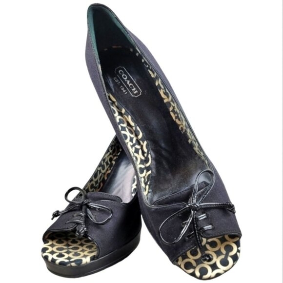Coach "COREY" Peeptoe Cotton Twill Block Heel Pumps with front top Bow - Picture 1 of 8